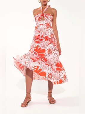 Borgo De Nor Red Floral Halter Dress M NWOT Cutout A-Line Midi